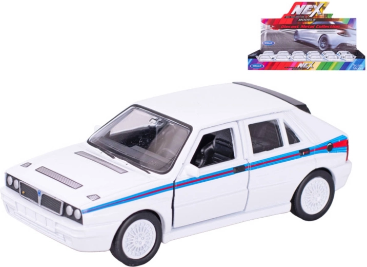 Model auto Welly Lancia Delta HF Martini cu mers înapoi (pull-back) alb, 11,5 cm