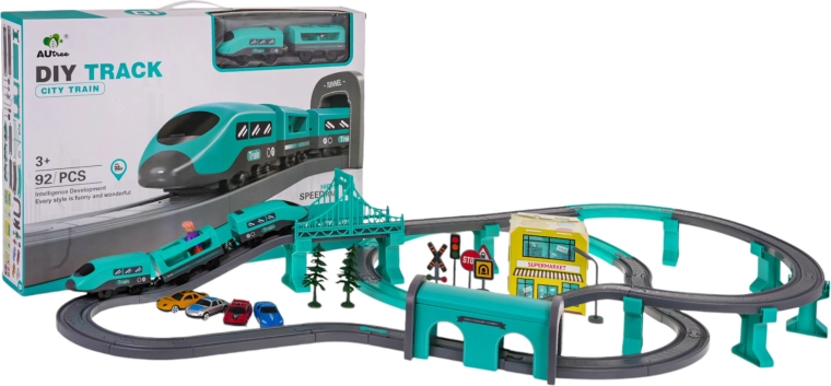 Circuit de tren cu stație și accesorii, 92 piese