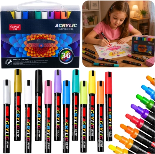 Set de markere acrilice impermeabile în cutie, 36 buc.