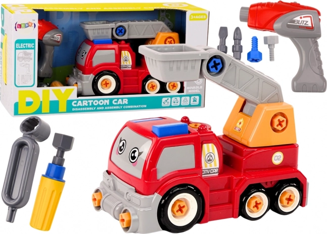 Camion cu macara desenat dezasamblabil DIY – roșu