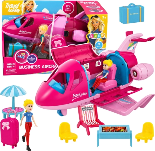 Avion pliabil pentru păpuși – set de călătorie cu accesorii, 9 piese, roz