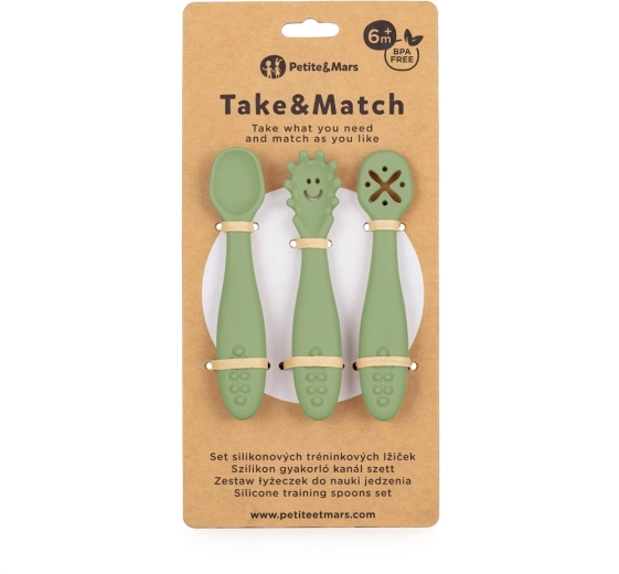 Petite&Mars lingurițe de antrenament din silicon Take&Match Sweet Pea, 3 buc., 6m+