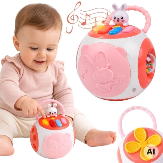 Minge educativă interactivă Woopie cu pian și sortator de forme, roz