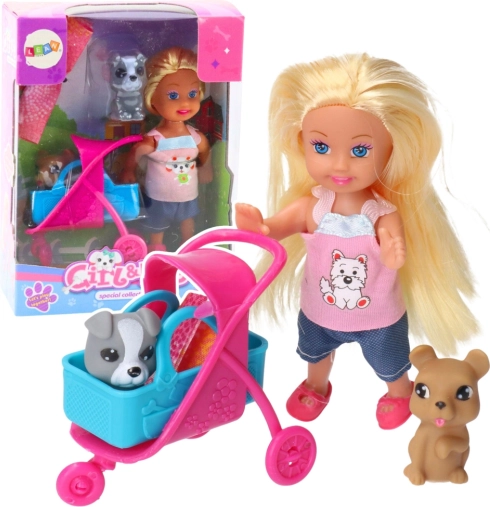 Set cu mini păpușă, cărucior și căței