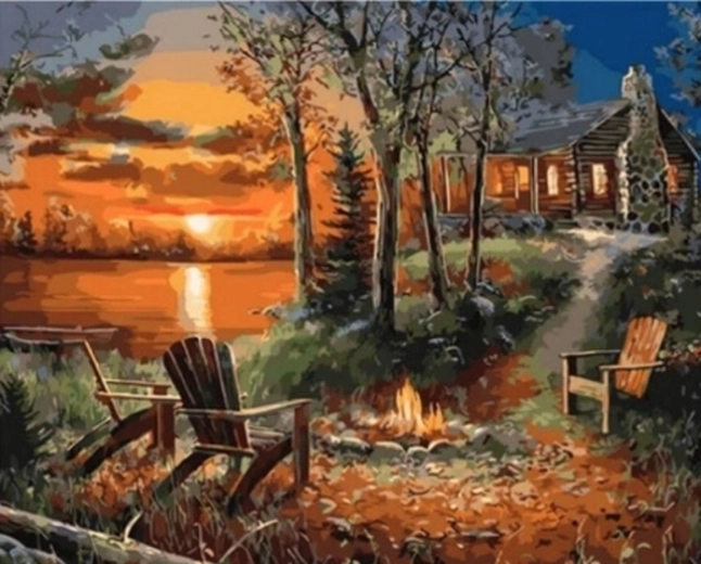 Norimpex Pictură pe numere Casă cu șemineu la apus 40 × 50 cm