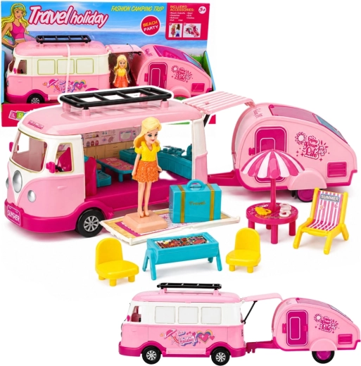 Camper roz de călătorie cu rulotă, păpușă și echipament de camping
