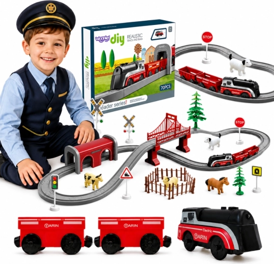 Tren electric WOOPIE cu șine și fermă, 70 de piese