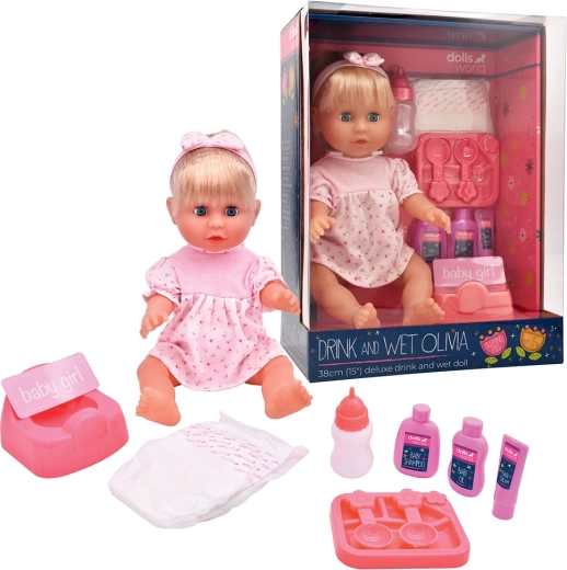 Păpușă Dolls World Olivia, 38 cm, bea și face pipi, cu accesorii