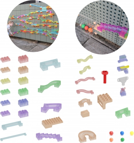 Set de construcție Masterkidz STEM pentru tablă cu pistă de bile 209 piese
