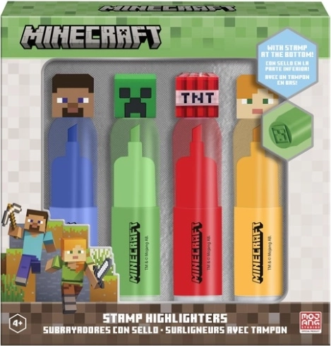 Minecraft set de 4 markere evidențiatoare cu topper 3D și ștampilă