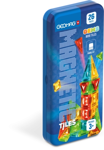 Geomag GEMS Mini Tiles 26 piese – construcție magnetică în cutie de călătorie