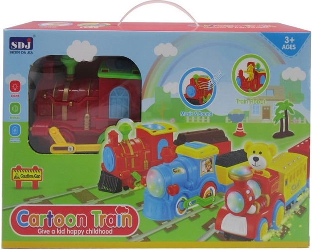 Locomotivă interactivă pentru copii 3+ cu lumini, sunete și elemente mobile, 2 vagoane și accesorii