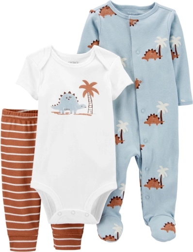Set Carter's pentru băiețel: body cu mânecă scurtă, salopetă și pantaloni de trening Blue Dino, măr. 56