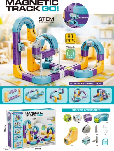 Set magnetic de construcție pistă de curse cu mașinuță, 87 de piese