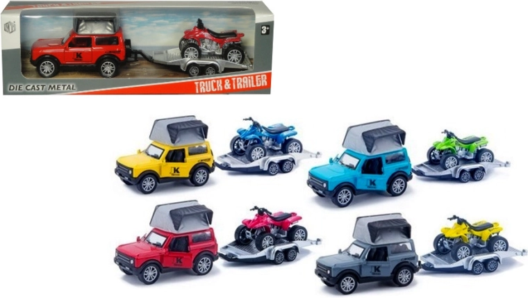 Mașină off-road metalică cu remorcă și ATV