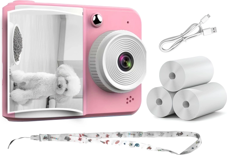 Aparat foto instant RENEW FORCE roz cu termoprintare și 3 role de hârtie