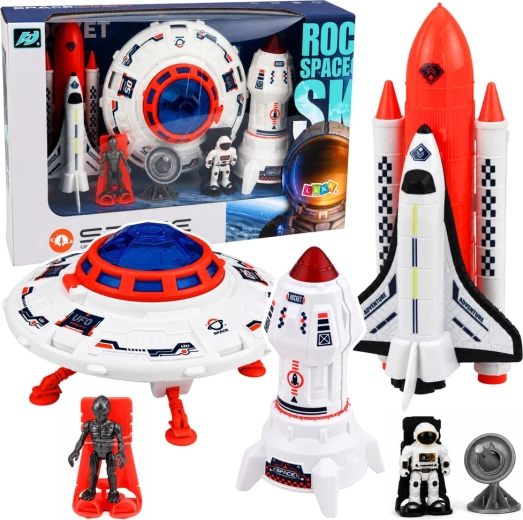 Set cosmic de jucării: OZN, rachetă, navetă spațială, astronaut, extraterestru și antenă