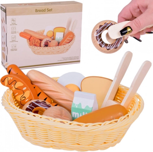 Coșuleț de lemn cu produse de patiserie și alimente pentru micul dejun, set din 11 piese