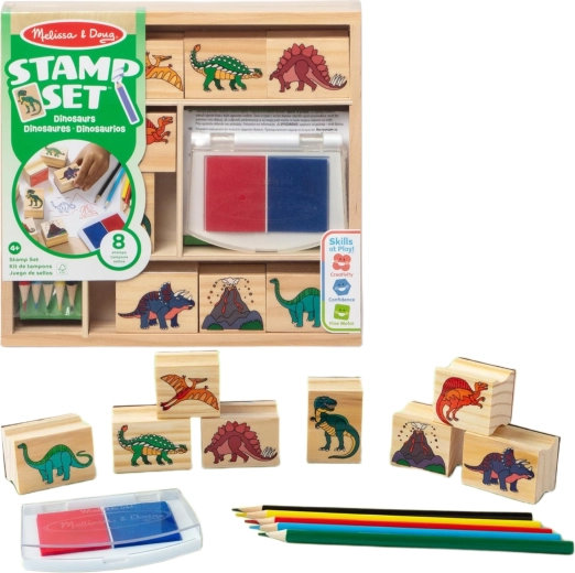 Set creativ Melissa & Doug dinozauri – ștampile, tușieră pentru ștampile și creioane colorate