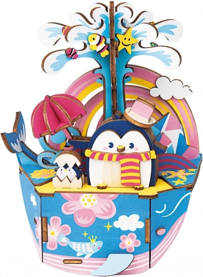 Puzzle 3D din lemn Cutie Muzicală Pinguin în ocean