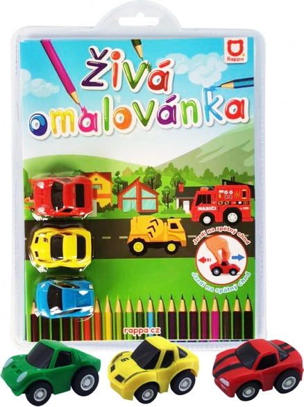 Carte de colorat interactivă – mașini de curse, set de 3 mașinuțe cu mecanism de întoarcere