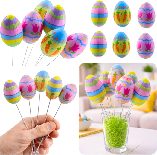 Ouă decorative de Paște pe sârmă, cu motive de morcovi și lalele - 6 buc.