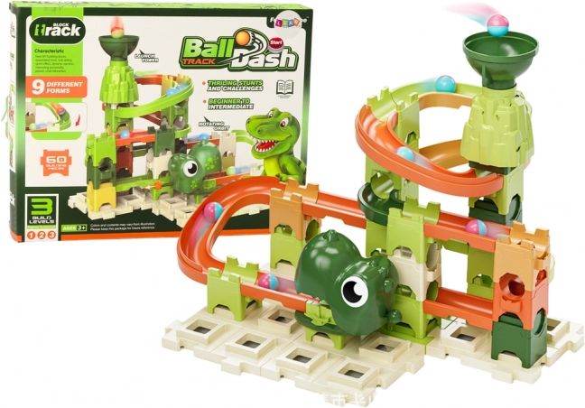 Set de construit pistă cu bile dinozauri, 9 niveluri, 60 piese