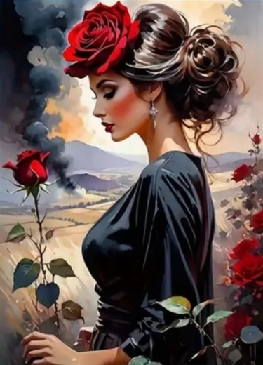 Pictură cu diamante – femeie cu trandafir 30 × 40 cm