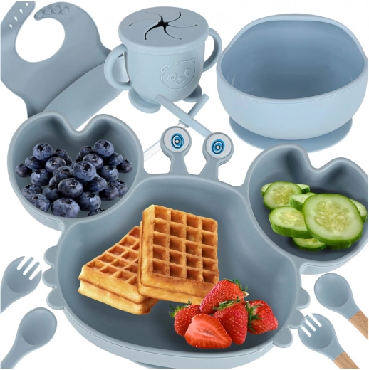 Set de masă din silicon pentru copii crab, 9 piese, albastru