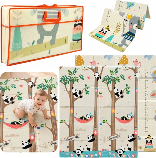 Covoraș educațional pliabil, cu spumă, reversibil, pentru copii, cu panda și ursuleți, 180 × 150 cm