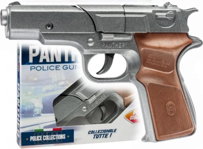 Pistolă de jucărie metalică tip poliție cu capse PANTHER Silver, cu 8 focuri