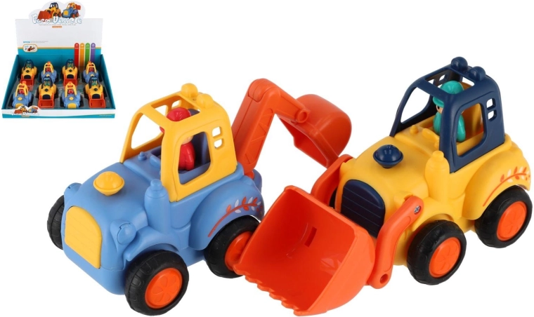 Mașinuțe de construcții din plastic 12–14 cm cu mecanism cu inerție, mix de modele, 8 bucăți în cutie