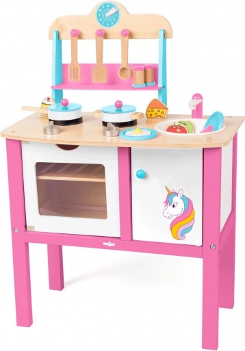WOODY bucătărie din lemn pentru copii – unicorn, 17 piese de accesorii, înălțime 50 cm