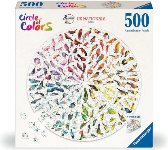 Puzzle rotund Ravensburger Circle of Colors: Păsări 500 de piese