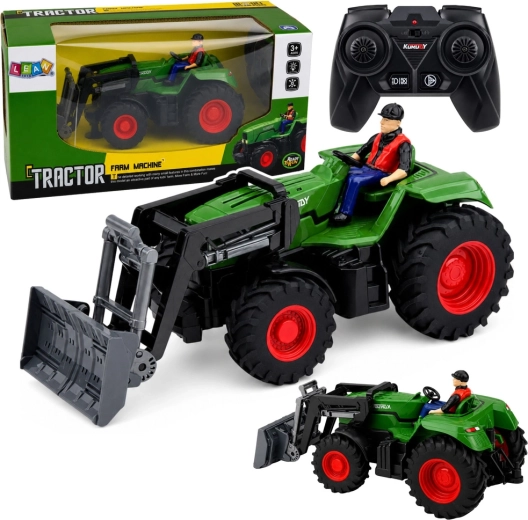Tractor agricol RC cu telecomandă, cu încărcător frontal și figurină de fermier 1:24