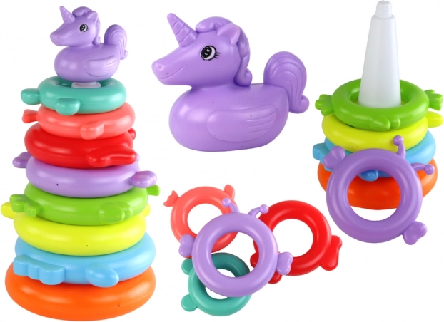 Piramidă de stivuire cu unicorn – 8 inele, colorată, 29 × 14 × 14 cm