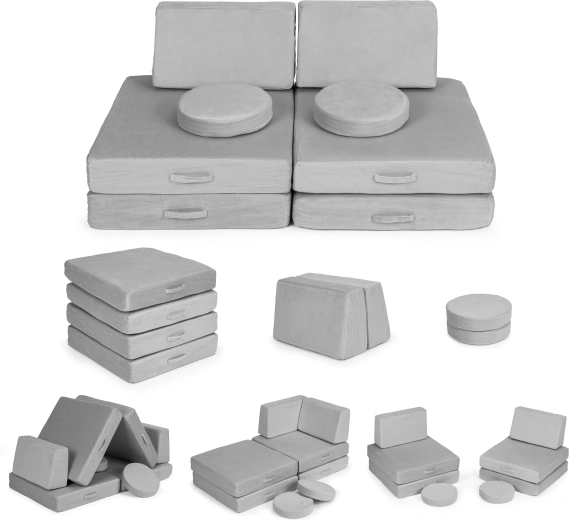 Canapea modulară mare pliabilă pentru copii DIY, 8 perne moi - gri ECOTOYS