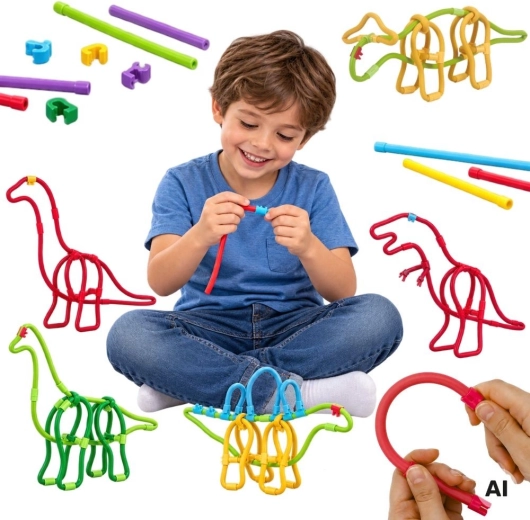 Set de construcție creativ WOOPIE din paie și conectori, dinozauri, 117 piese