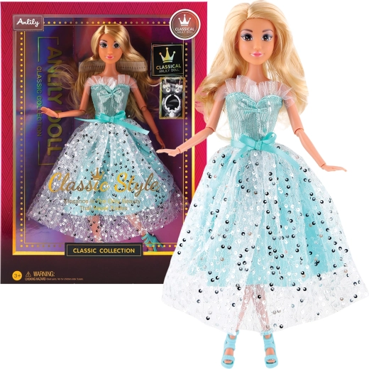 Păpușă la modă în rochie lungă bleu de ocazie