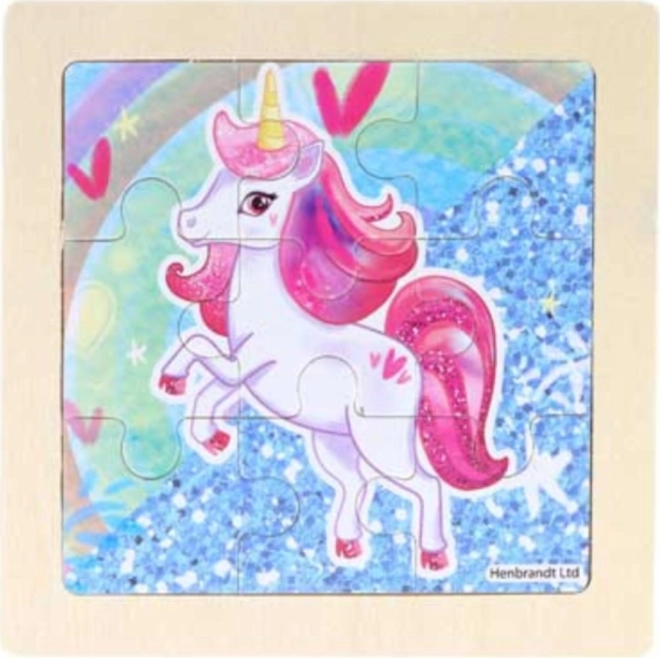 Puzzle din lemn unicorn roz 9 piese