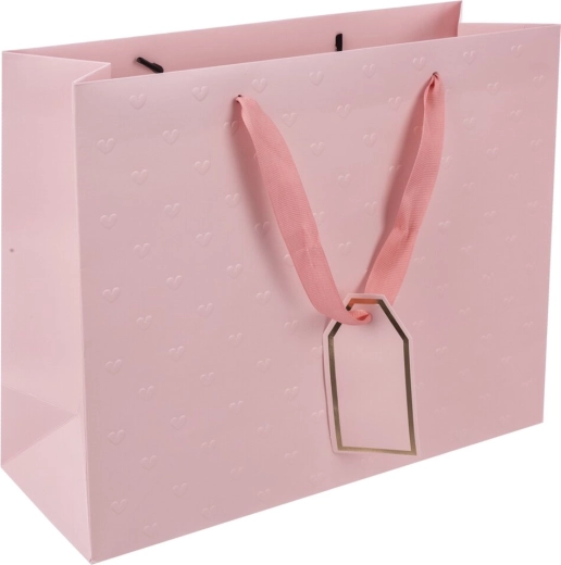 Pungă cadou din hârtie roz cu inimioare reliefate 31 × 12 × 26 cm