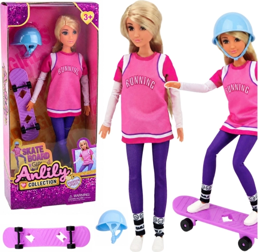 Anlily, skateboardistă – păpușă cu skateboard mov și cască 30 cm