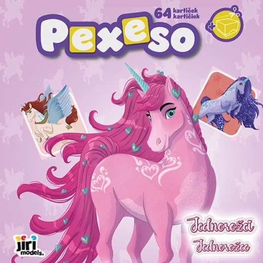 Pexeso în caiet cu unicorni – 64 de cartonașe, planșe de colorat și cutie
