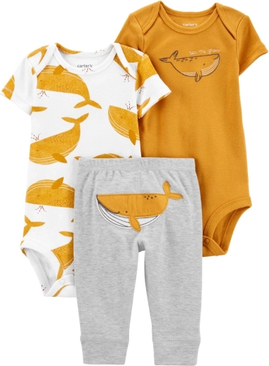 Set Carter's din 3 piese pentru băiețel – 2× body cu mânecă scurtă și pantaloni tip trening Mustard Whale, măr. 56 (NB)