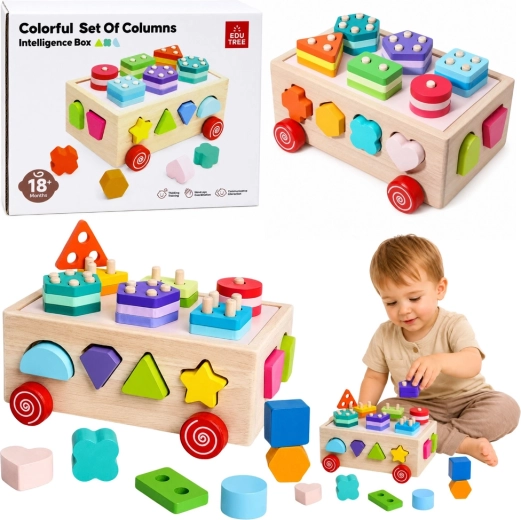 Sorter Montessori din lemn cu forme, pe roți