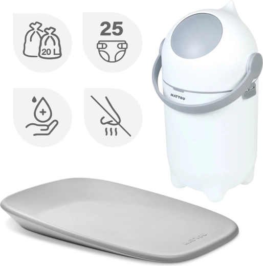 Nattou set: coș pentru scutece Dropy și saltea de schimb Softy 50 × 70 cm alb/gri