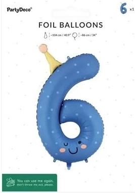 PartyDeco balon din folie numărul 6, albastru, 86 cm