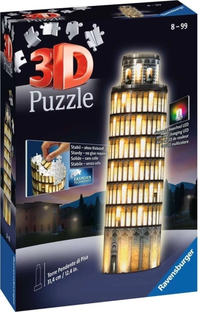 Puzzle 3D iluminat Ravensburger Ediția de Noapte pentru Turnul Înclinat din Pisa