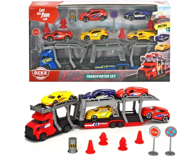 Set camion de tractare cu mașinuțe și indicatoare rutiere