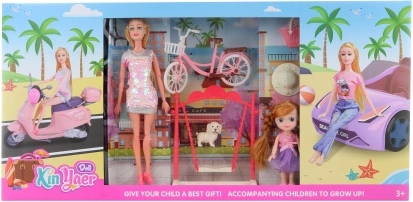 set mare de păpuși cu mașină, scuter, bicicletă și accesorii